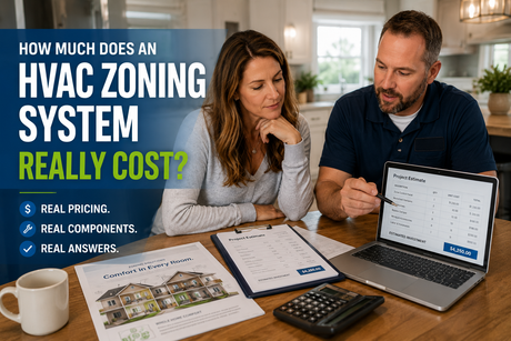 Homeowner reviewing HVAC zoning system costs and installation estimate with an HVAC contractor at a kitchen table.